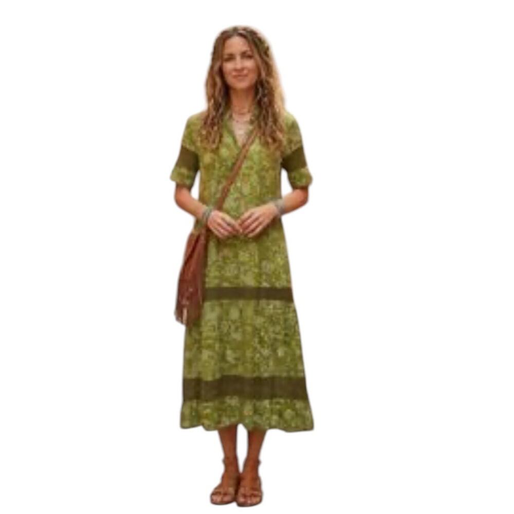 Julia Amory Green Short Sleeve Majorelle Floral 100% Cotton Voile Midi Dress XS